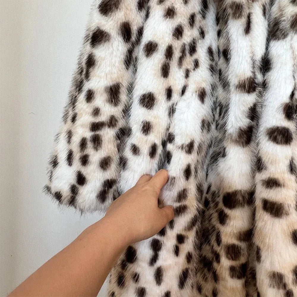 Snow Leopard Style Faux Fur Coat - Festigal