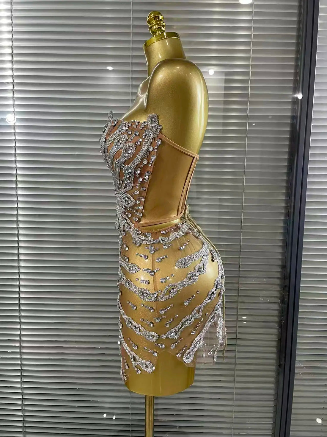Rhinestone Mesh Strapless Dress