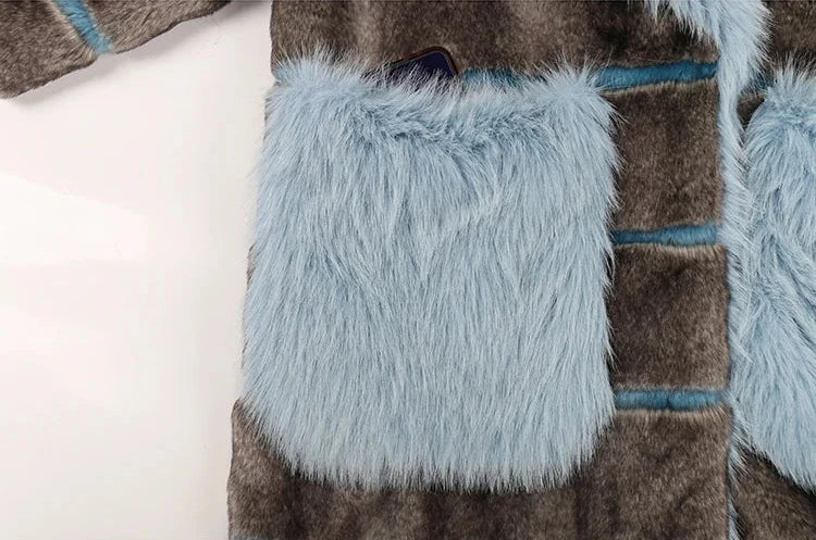Grey and Blue Striped Faux Fur Coat - Festigal