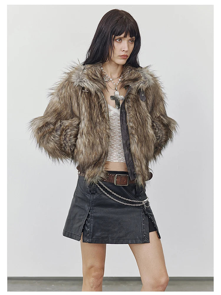 Brown Shaggy Faux Fur Coat - Festigal