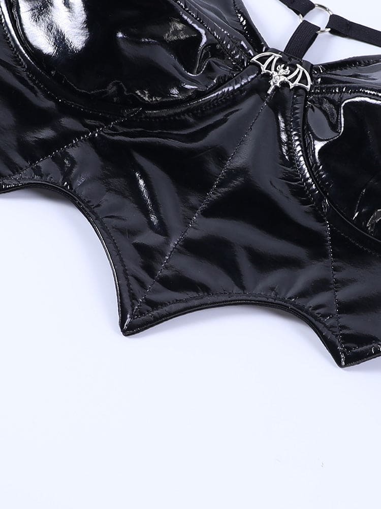 Black Bat Leather Look Crop Top - Festigal