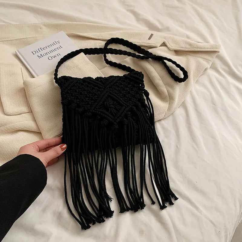 Fringed Woven Crochet Crossbody Bag