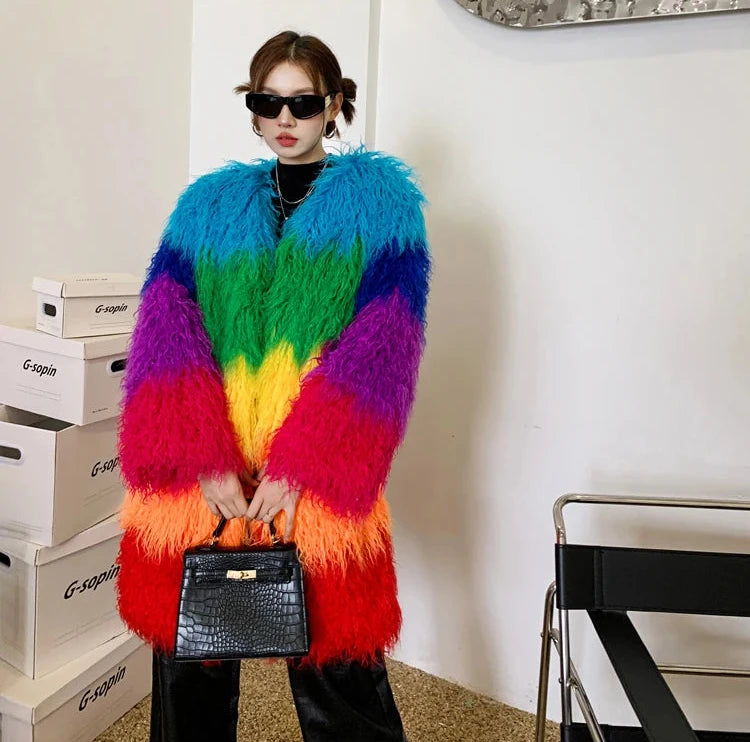 Rainbow Striped Faux Fur Coat - Festigal