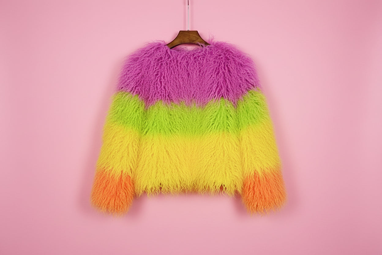 Rainbow Striped Shaggy Faux Fur Coat