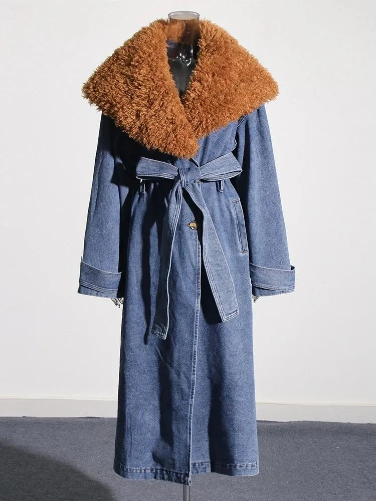 Denim & Fur Collar Trench Coat - Festigal