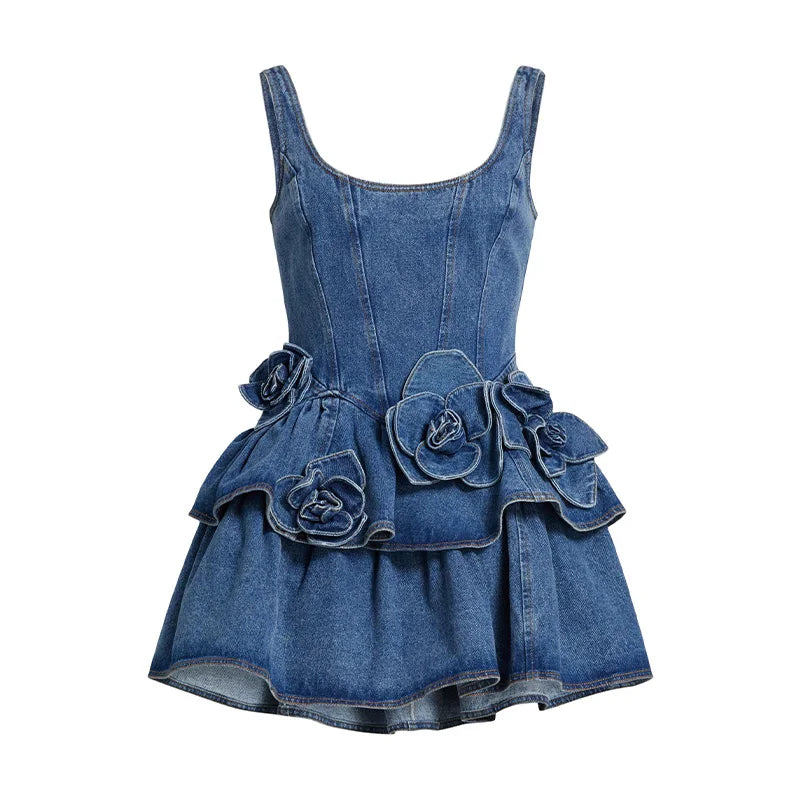 Denim 3D Flower A Line Dress - Festigal