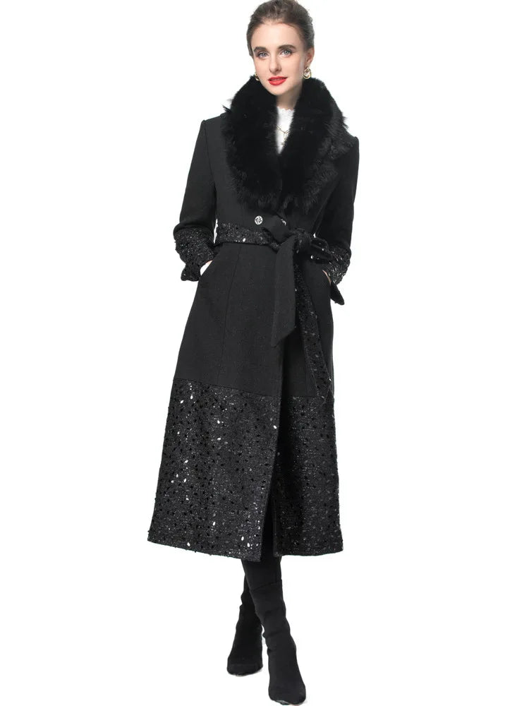 Long Sequin Fur Black Coat - Festigal