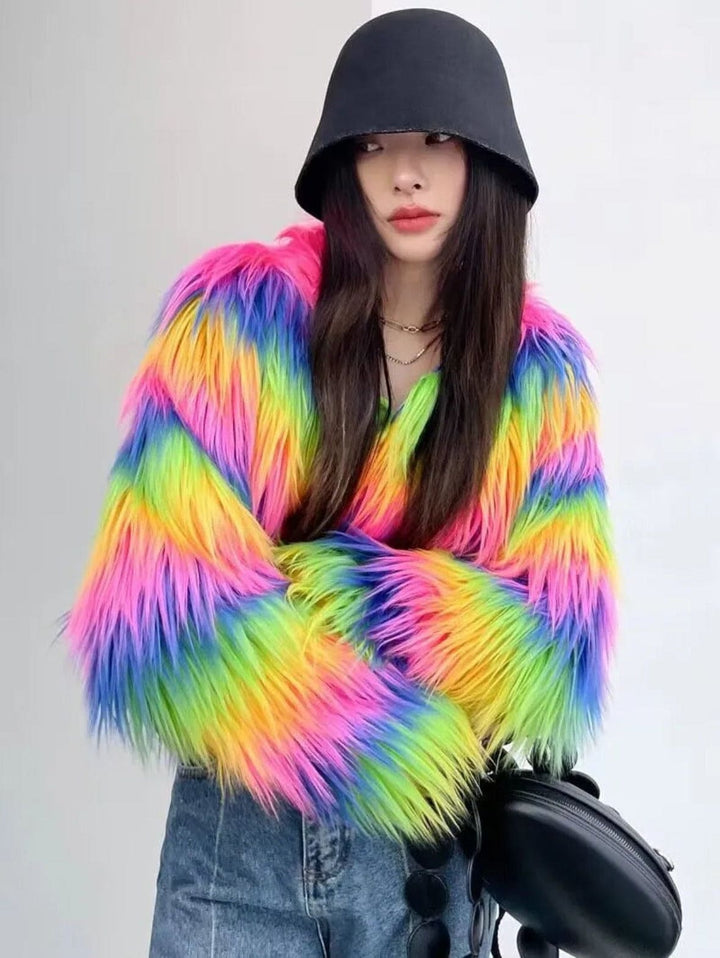 Rainbow Faux Fur Shaggy Coat - Festigal