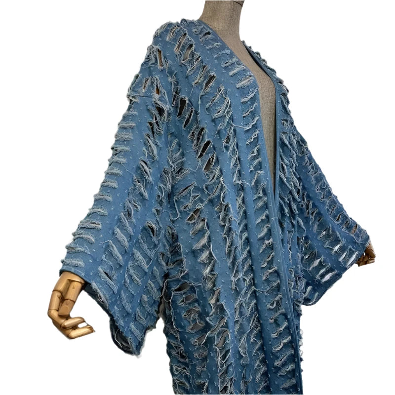 Blue Distressed Long Maxi Cardigan