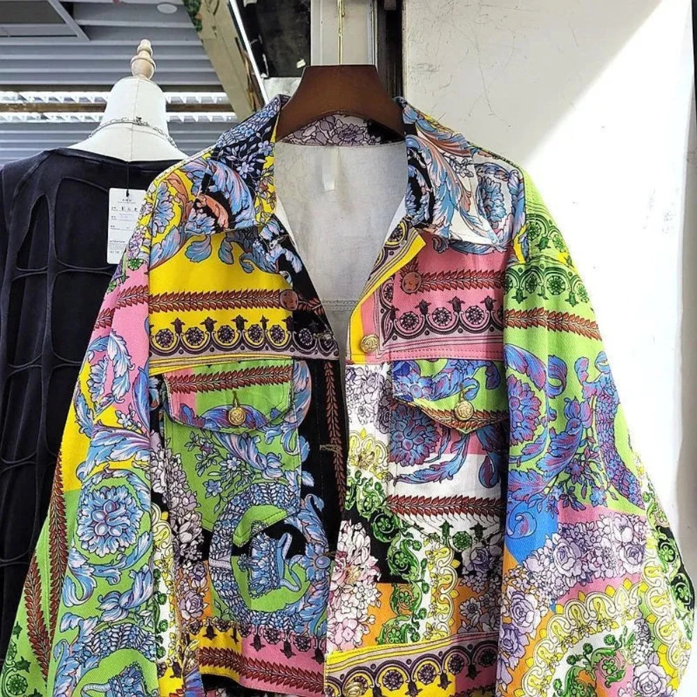 Multicoloured Abstract Print Classic Style Jacket - Festigal