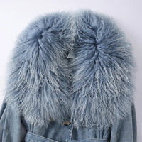 Mongolian Fur Collar Denim Trench Coat