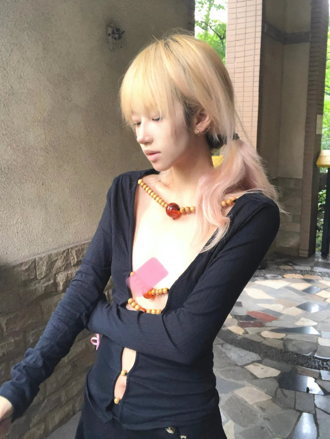 Beaded Hollow Out Long Sleeve Top - Festigal