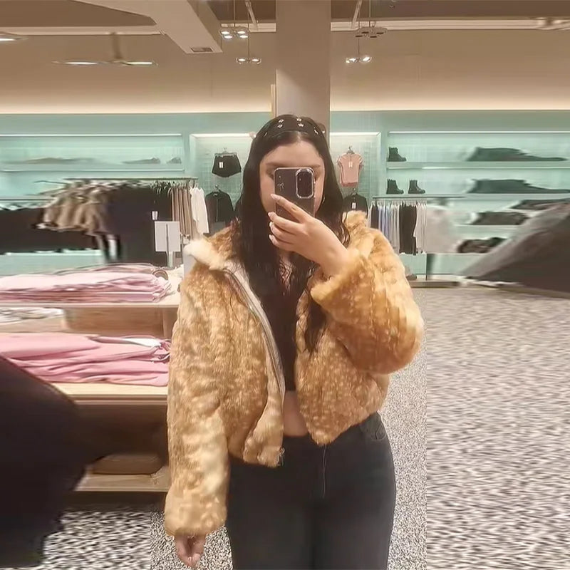 Faux Fur Deer Print Bomber Jacket