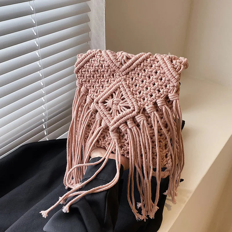 Fringed Woven Crochet Crossbody Bag - Festigal
