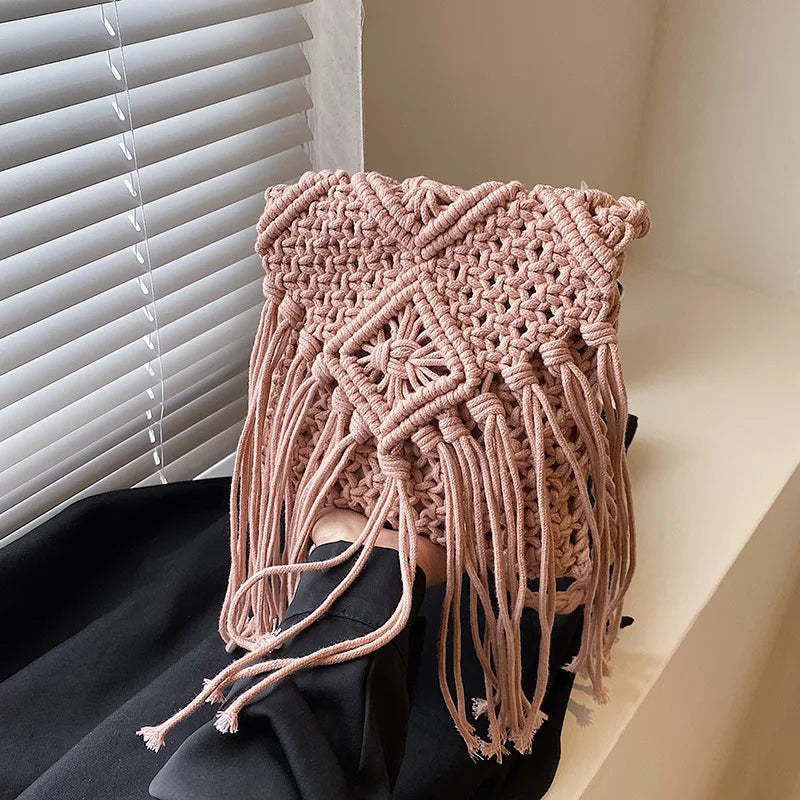 Fringed Woven Crochet Crossbody Bag