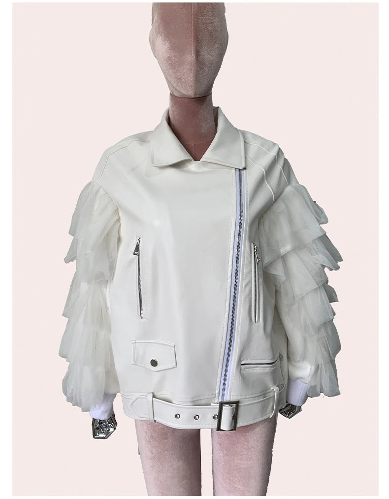 Faux Leather Ruffle Sleeve Jacket - Festigal