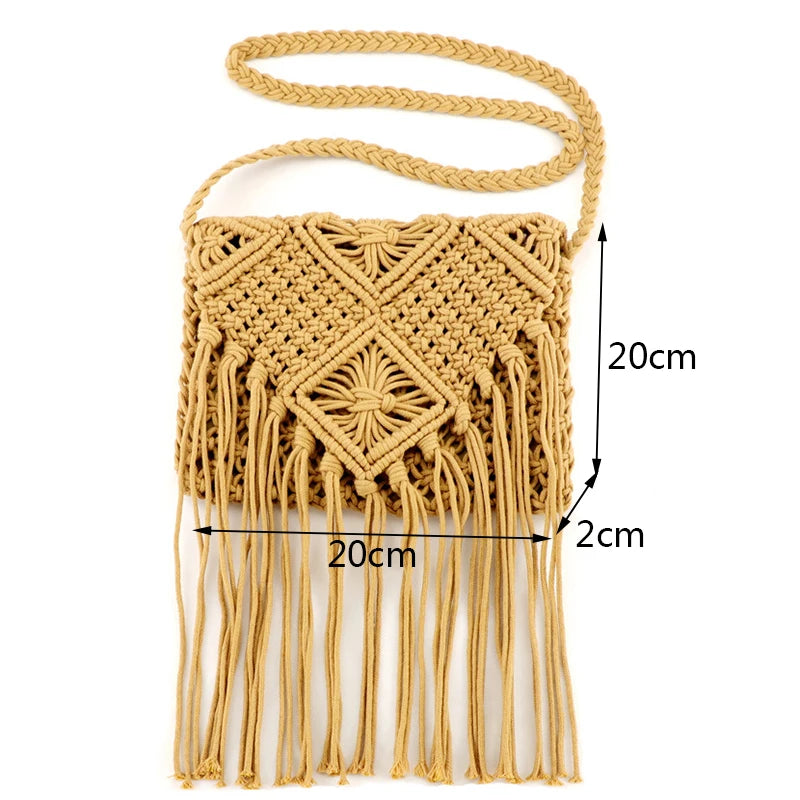 Fringed Woven Crochet Crossbody Bag