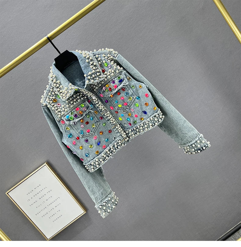 Pearl Gem Embellished Denim Jacket