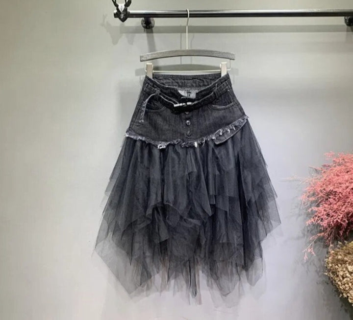 Asymmetrical Denim Jeans Tulle Skirt - Festigal