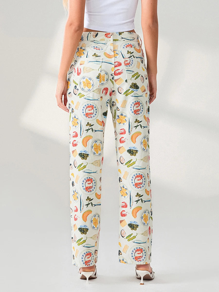 Food Print Straight Leg Trousers - Festigal