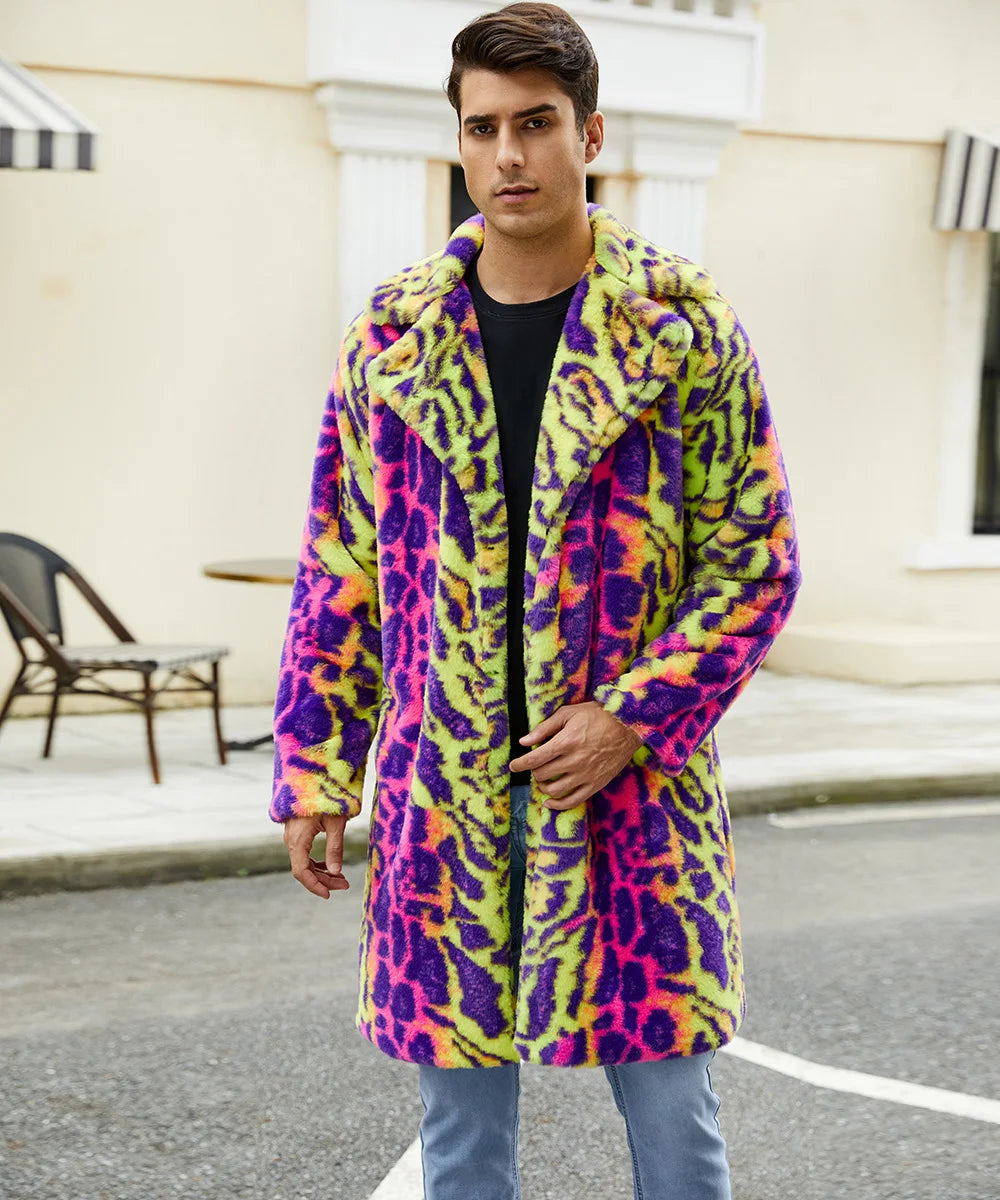Men's Neon Leopard Print Faux Fur Coat - Festigal