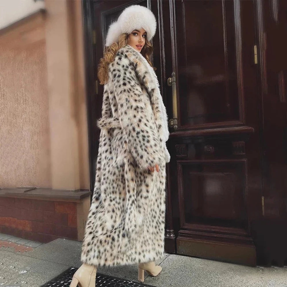 Snow Leopard Style Faux Fur Coat Festigal