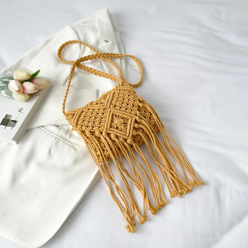 Fringed Woven Crochet Crossbody Bag