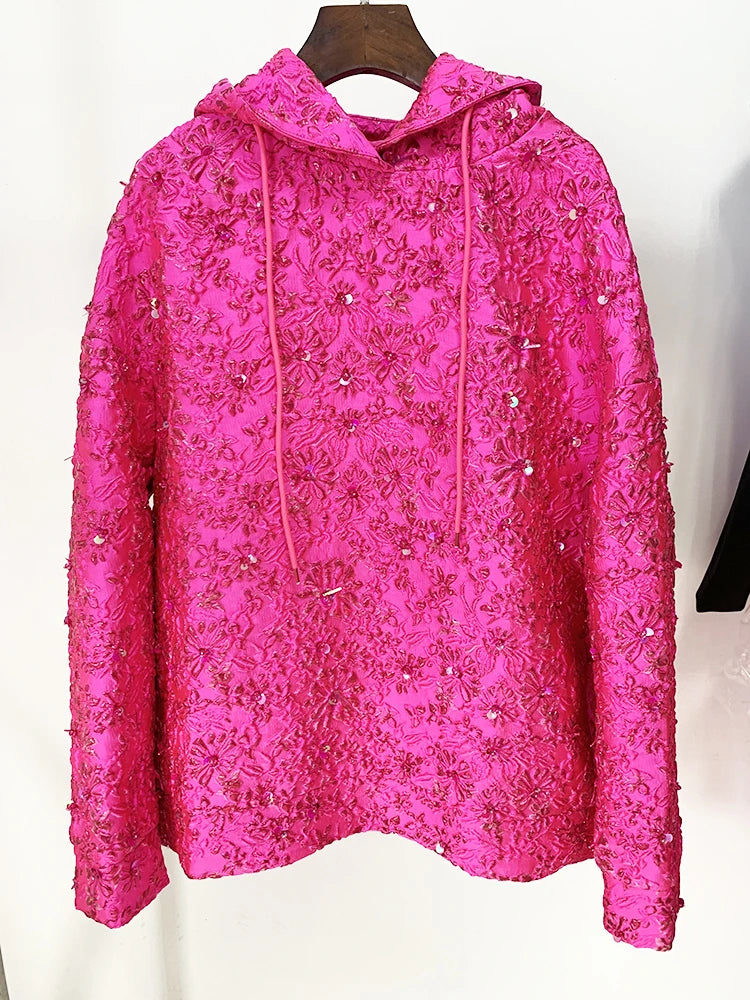 Pink Beaded Floral Hoodie