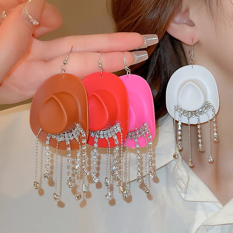Rhinestone Cowgirl Hat Tassel Earrings