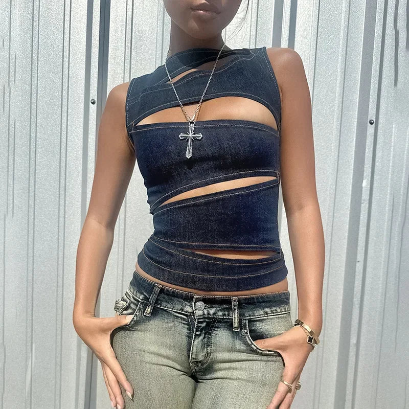 Denim Cut-Out Tank Top - Festigal