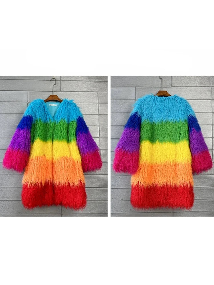 Rainbow Striped Faux Fur Coat - Festigal