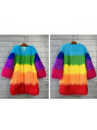 Rainbow Striped Faux Fur Coat