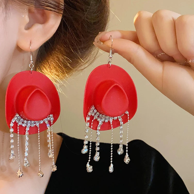 Rhinestone Cowgirl Hat Tassel Earrings