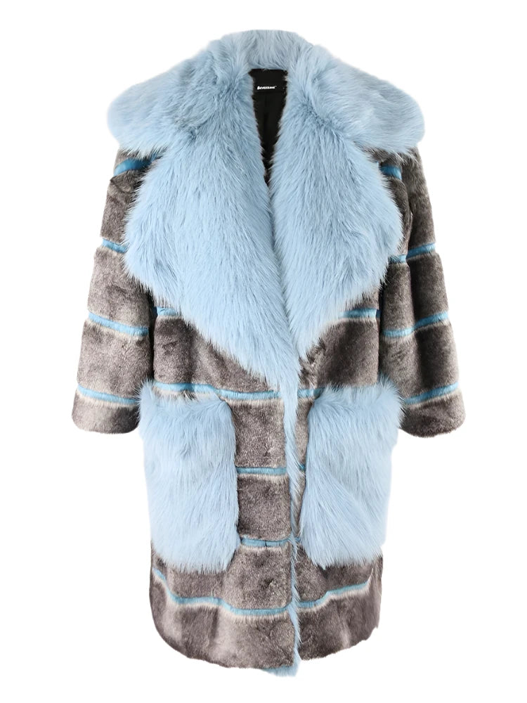 Grey and Blue Striped Faux Fur Coat - Festigal