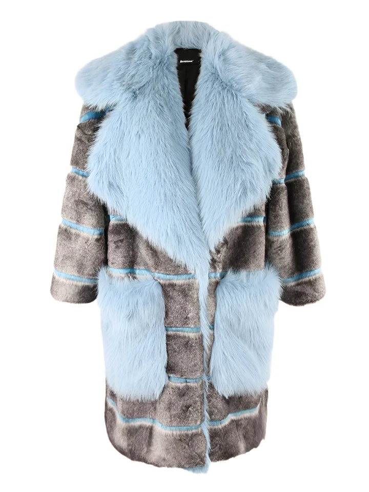 Grey and Blue Striped Faux Fur Coat - Festigal