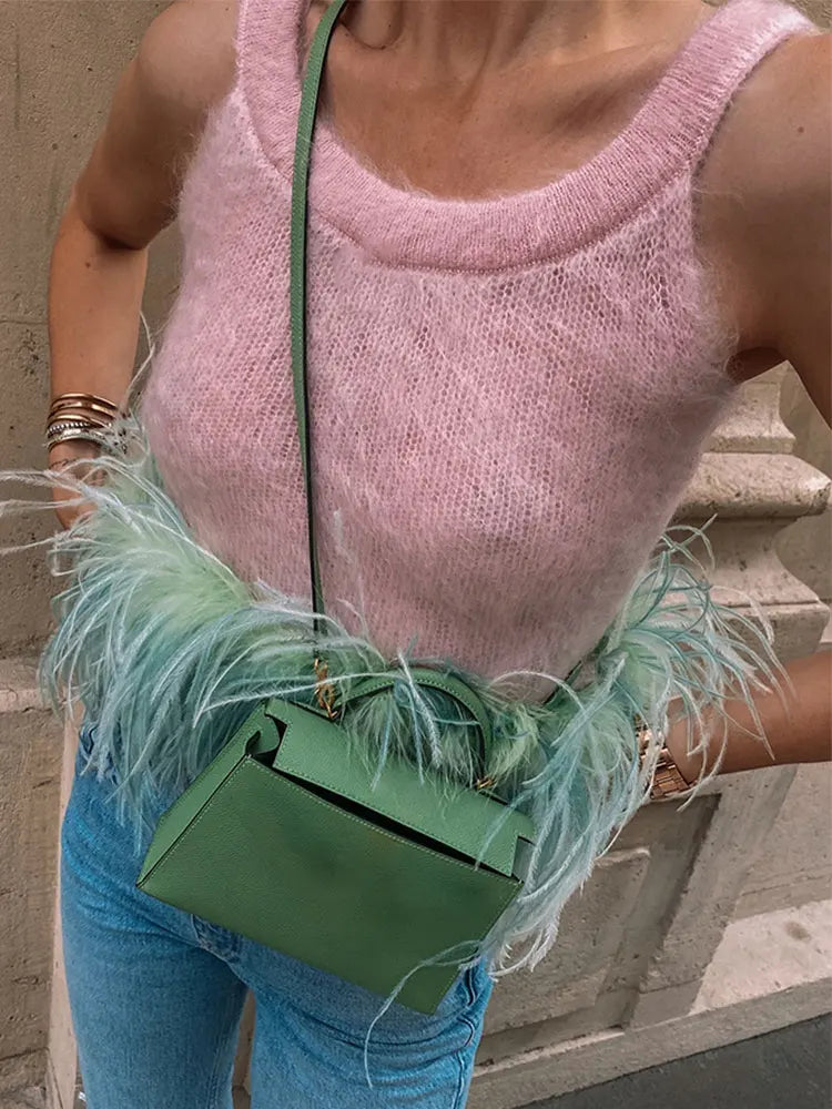 Pink & Green Feather Crop Top