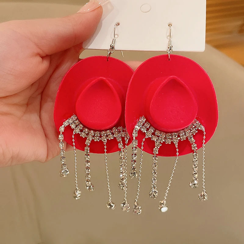 Rhinestone Cowgirl Hat Tassel Earrings