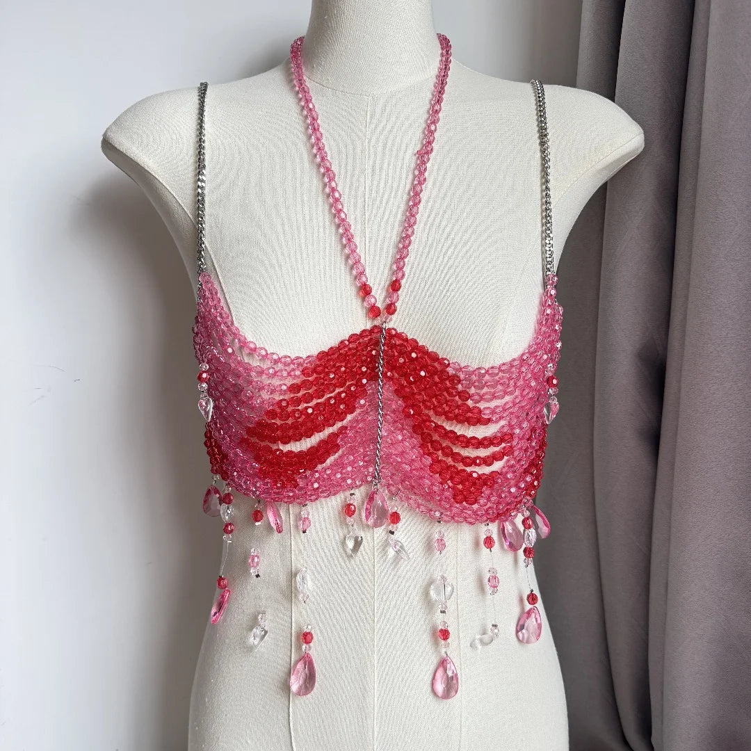 Beaded Tassel Chain Halter Neck Top