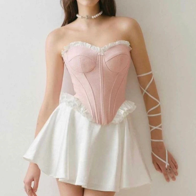 Pink Boned White Ruffle Corset - Festigal