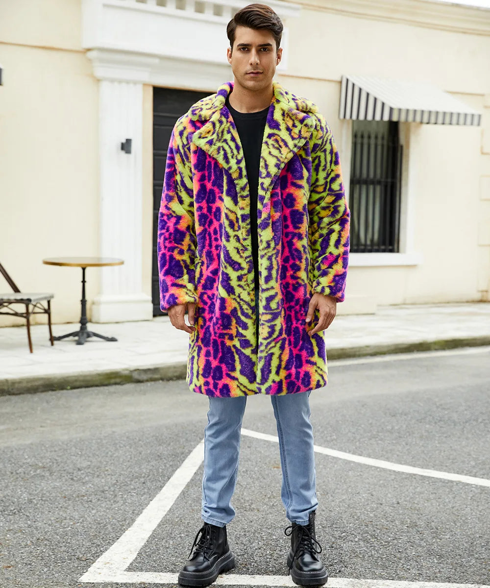 Men's Neon Leopard Print Faux Fur Coat - Festigal