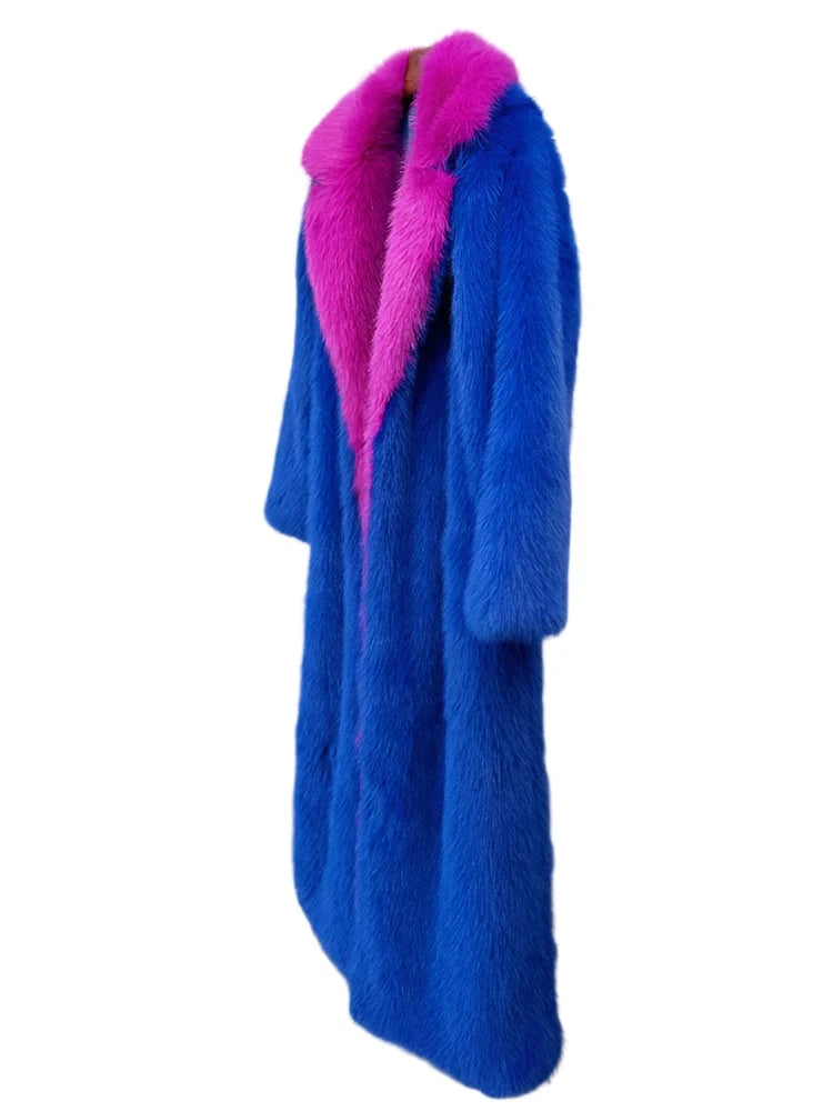 Blue and Pink Contrast Long Faux Fur Coat - Festigal