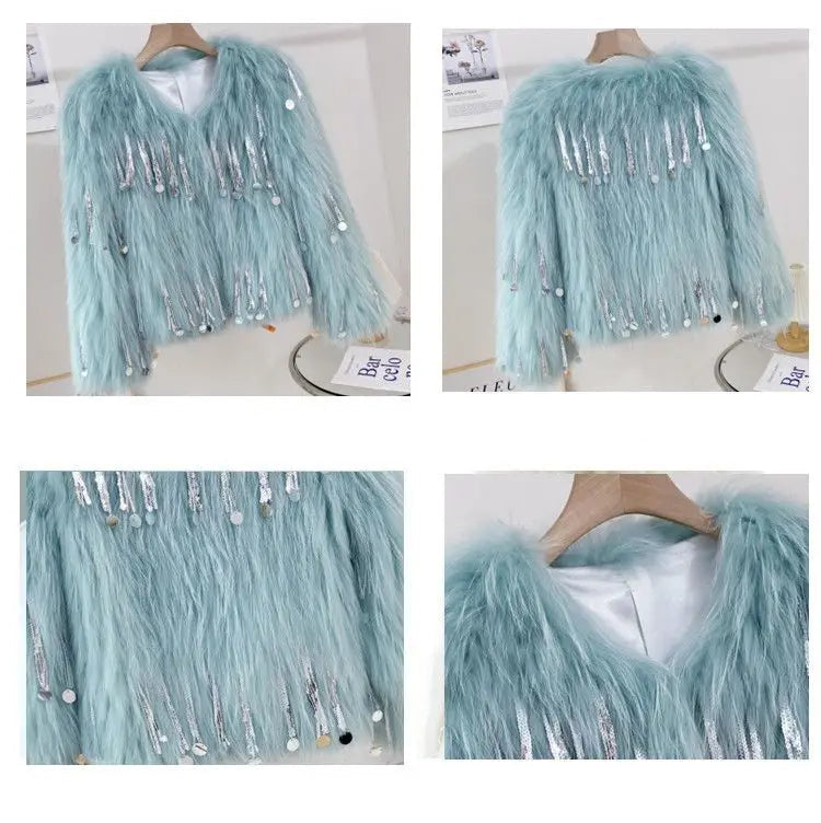 Women's Faux Fur Blue Sequin Tassel Jacket