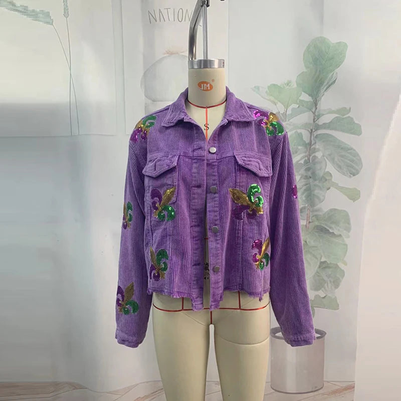 Floral Corduroy Casual Ripped Bomber Shirt -Jacket - Festigal