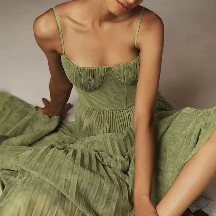 Green Pleated A-Line Dress - Festigal