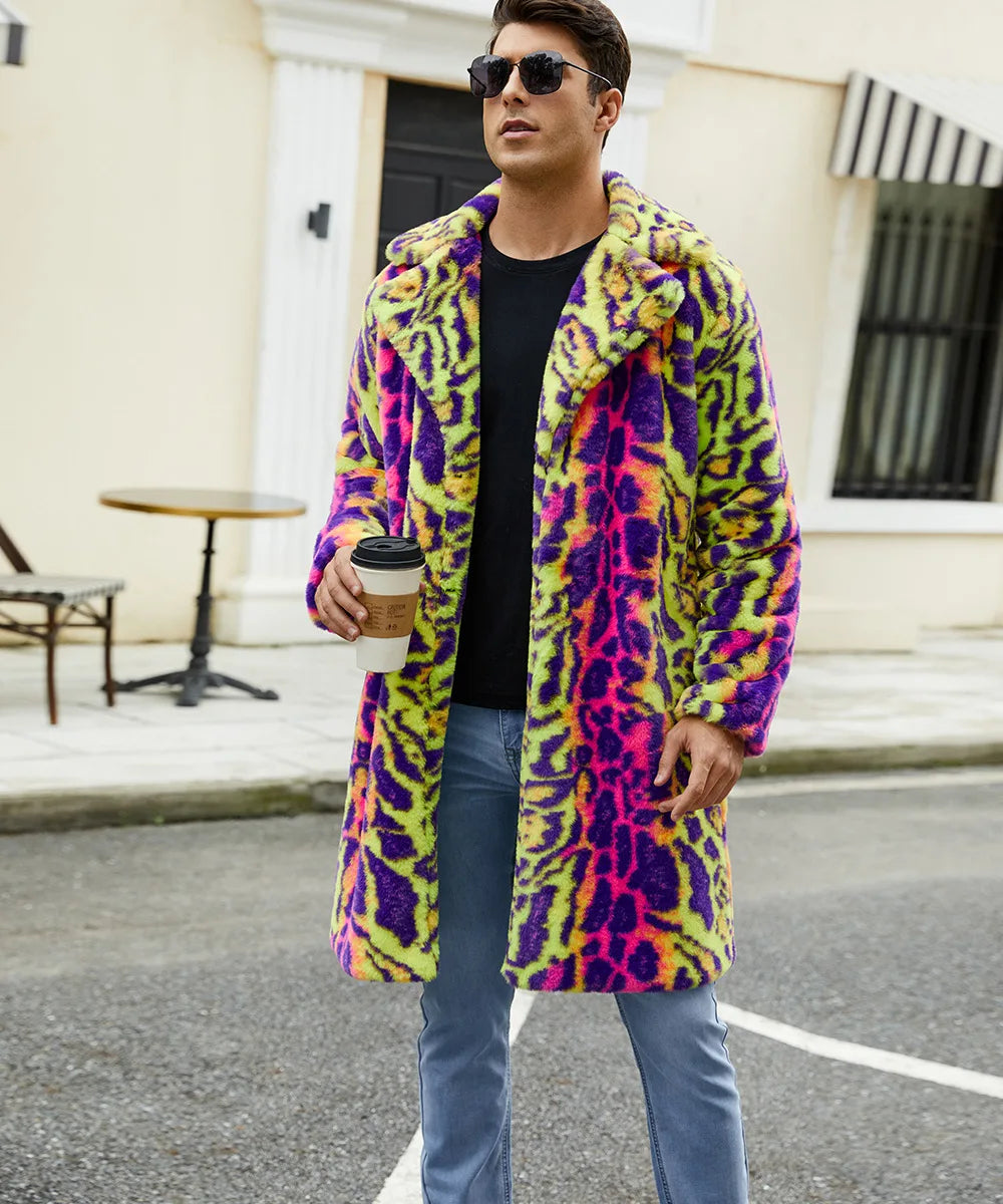 Men's Neon Leopard Print Faux Fur Coat - Festigal