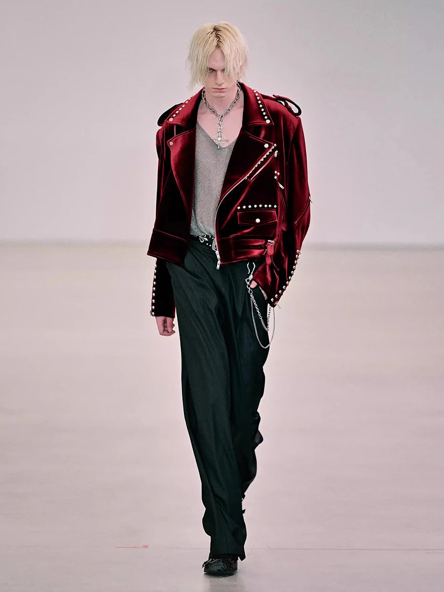 Men's Red Velvet Biker Jacket - Festigal