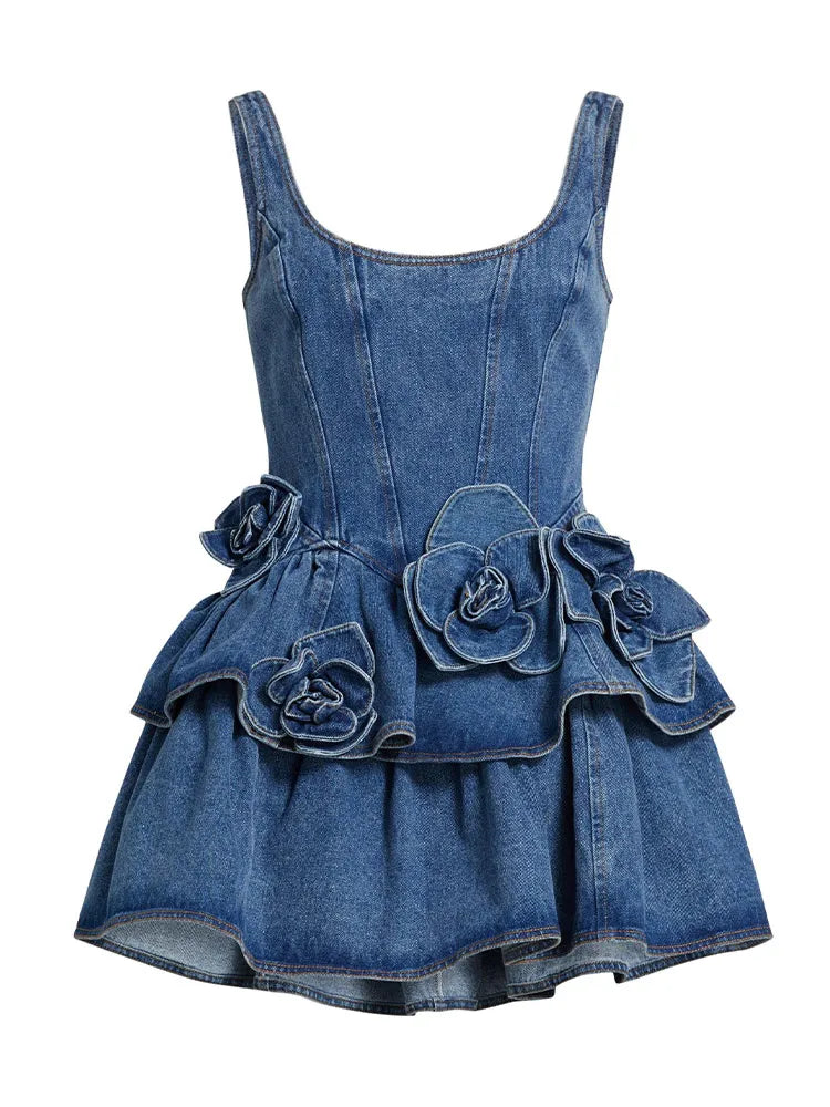 Denim 3D Flower A Line Dress - Festigal