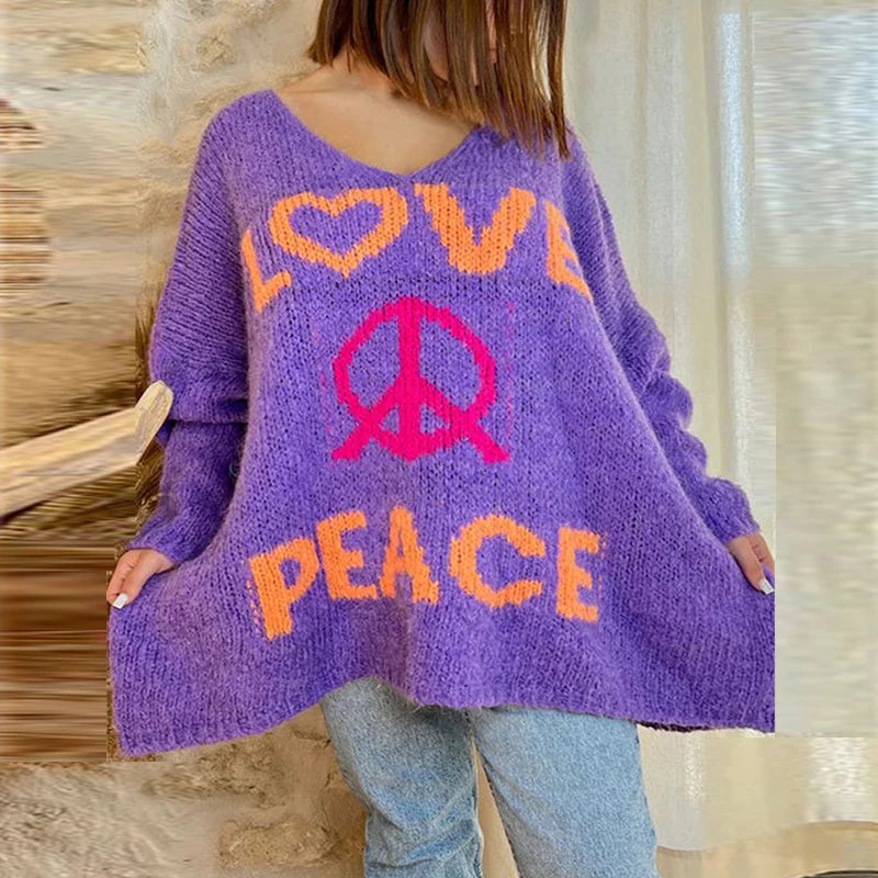 Oversized Peace & Love Knitted Sweater - Festigal