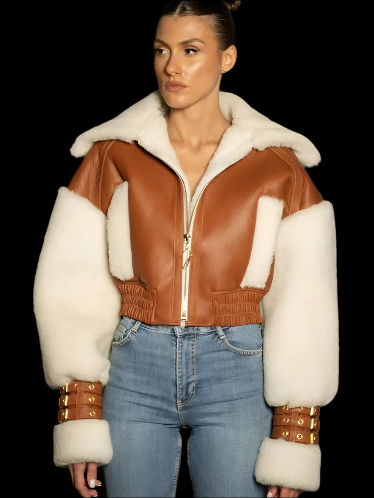 Faux Leather Patchwork Bomber Jacket - Festigal