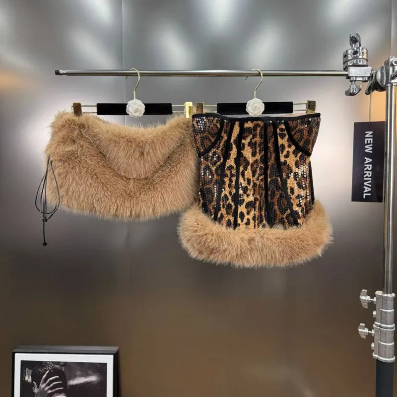 Leopard Print & Faux Fur Three Piece Set - Festigal